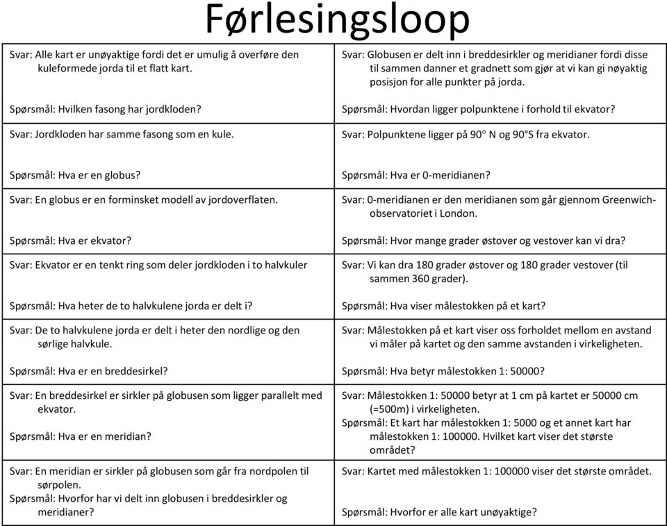 Svar: Globusen er delt inn i breddesirkler og meridianer fordi disse til sammen danner et gradnett som gjør at vi kan gi nøyaktig posisjon for alle punkter på jorda.