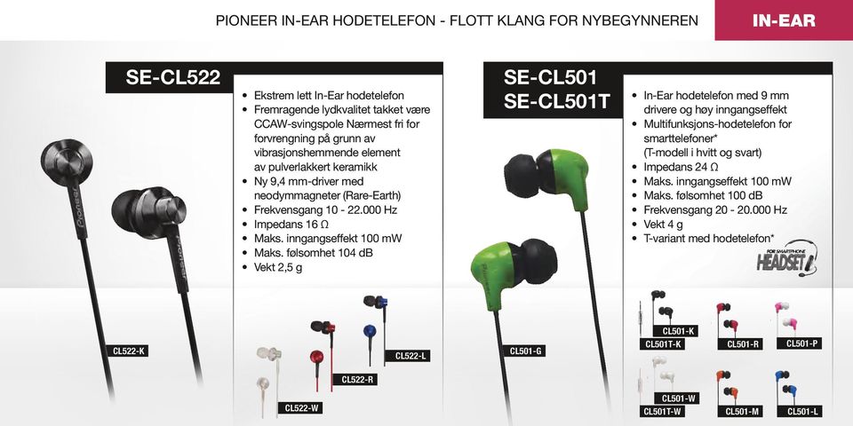 følsomhet 104 db Vekt 2,5 g SE-CL501 SE-CL501T In-Ear hodetelefon med 9 mm drivere og høy inngangseffekt Multifunksjons-hodetelefon for smarttelefoner* (T-modell i hvitt og svart)