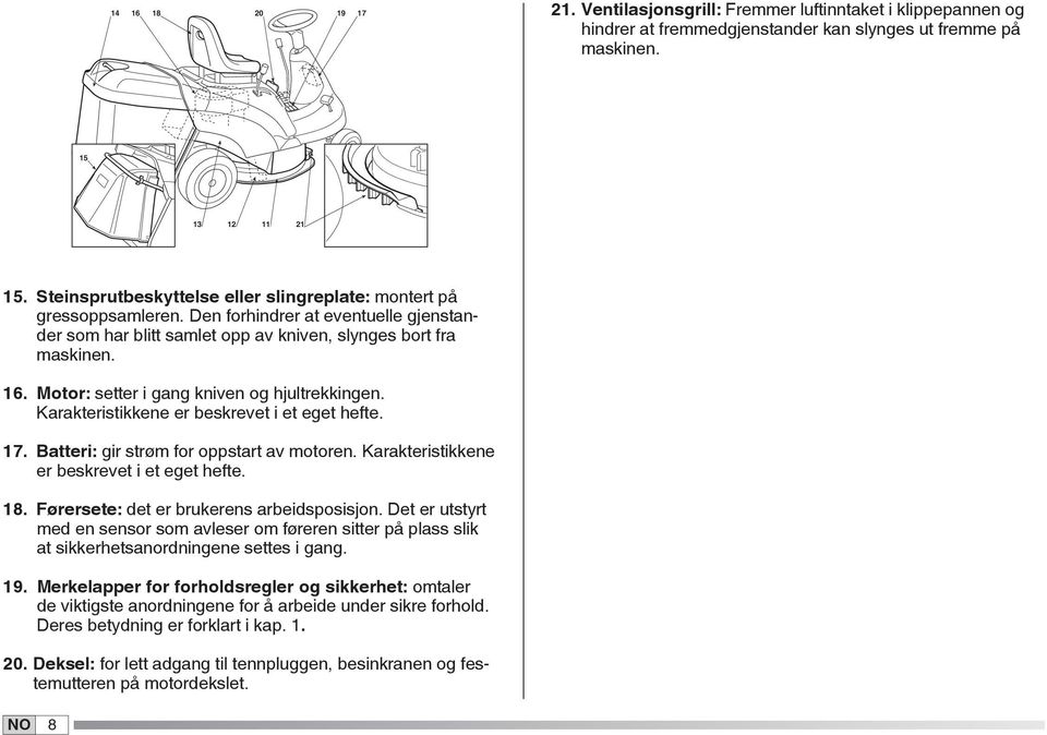 Motor: setter i gang kniven og hjultrekkingen. Karakteristikkene er beskrevet i et eget hefte. 17. Batteri: gir strøm for oppstart av motoren. Karakteristikkene er beskrevet i et eget hefte. 18.