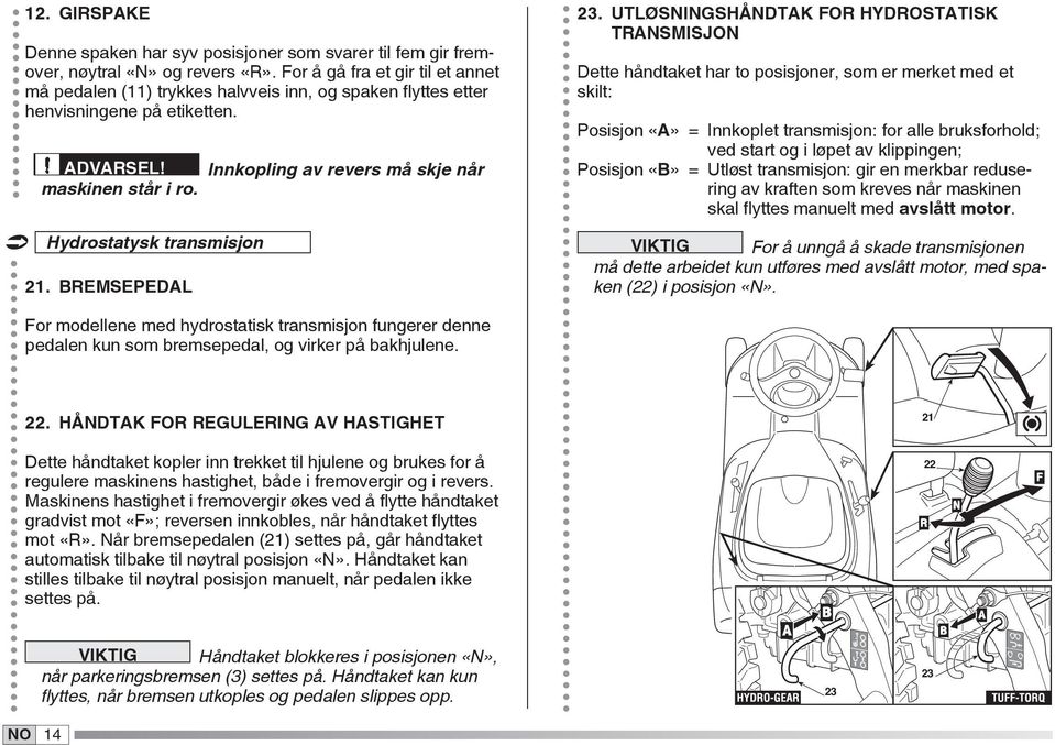 Hydrostatysk transmisjon 21. Bremsepedal 23.