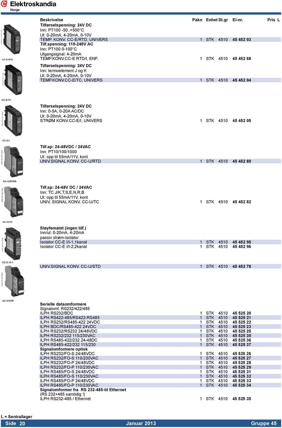 CC-E/I, UNIVERS 1 STK 4510 45 452 05 Tilf.sp: 24-48VDC / 24VAC Inn: PT10/100/1000 Ut: opp til 55mA/11V, kont UNIV.SIGNAL KONV. CC-U/RTD 1 STK 4510 45 452 80 Tilf.