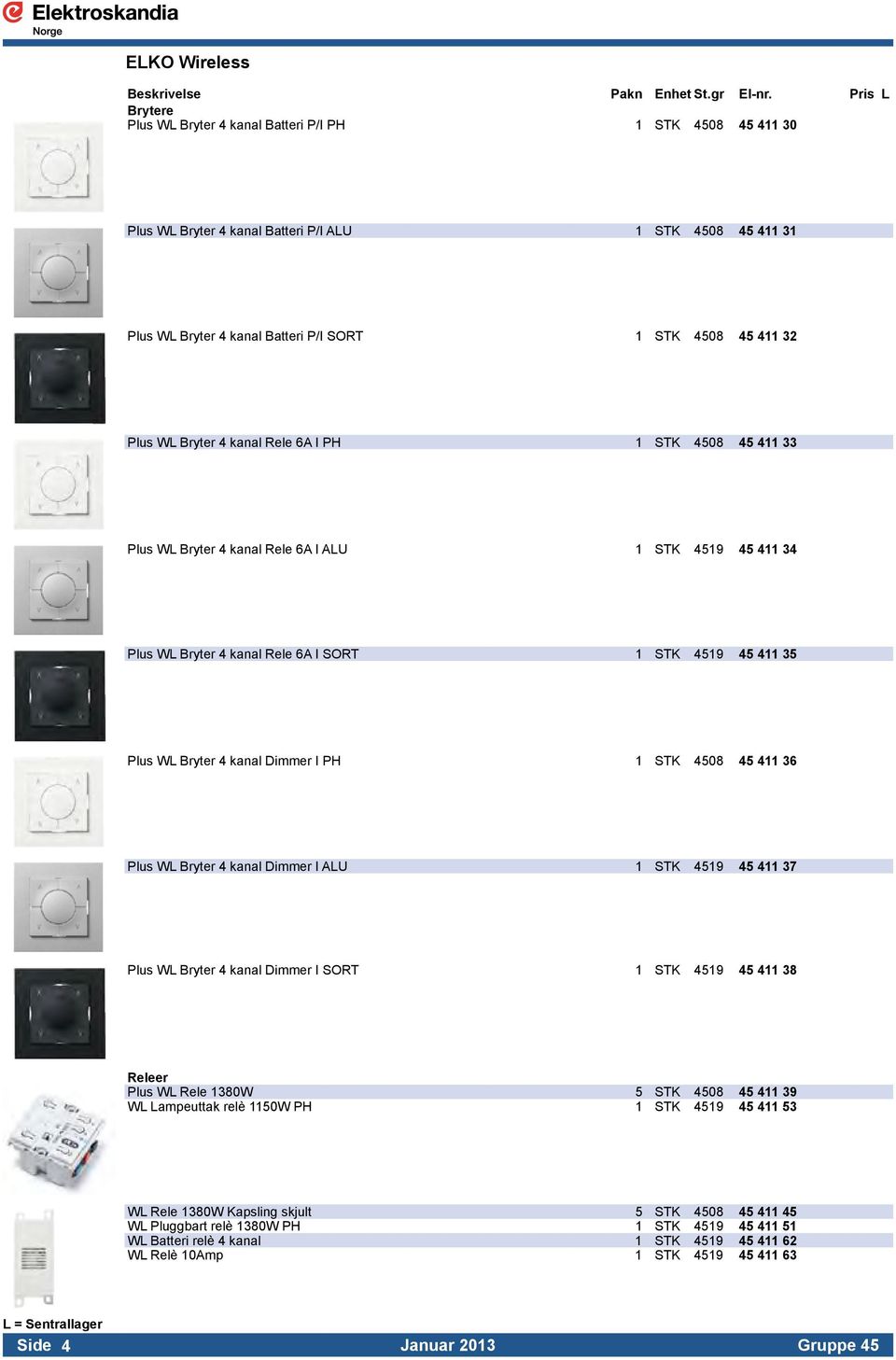 Dimmer I PH 1 STK 4508 45 411 36 Plus WL Bryter 4 kanal Dimmer I ALU 1 STK 4519 45 411 37 Plus WL Bryter 4 kanal Dimmer I SORT 1 STK 4519 45 411 38 Releer Plus WL Rele 1380W 5 STK 4508 45 411 39 WL