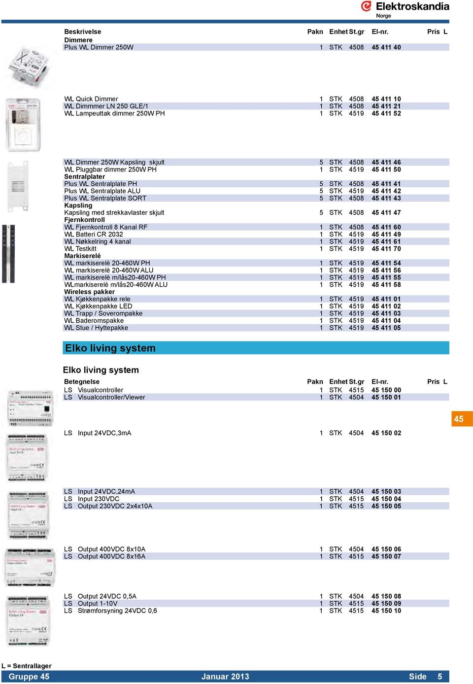 Sentralplate SORT 5 STK 4508 45 411 43 Kapsling Kapsling med strekkavlaster skjult 5 STK 4508 45 411 47 Fjernkontroll WL Fjernkontroll 8 Kanal RF 1 STK 4508 45 411 60 WL Batteri CR 2032 1 STK 4519 45