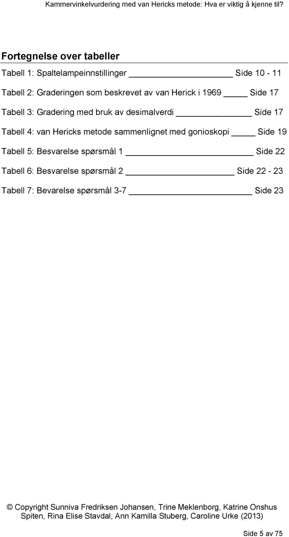 Tabell 4: van Hericks metode sammenlignet med gonioskopi Side 19 Tabell 5: Besvarelse spørsmål 1