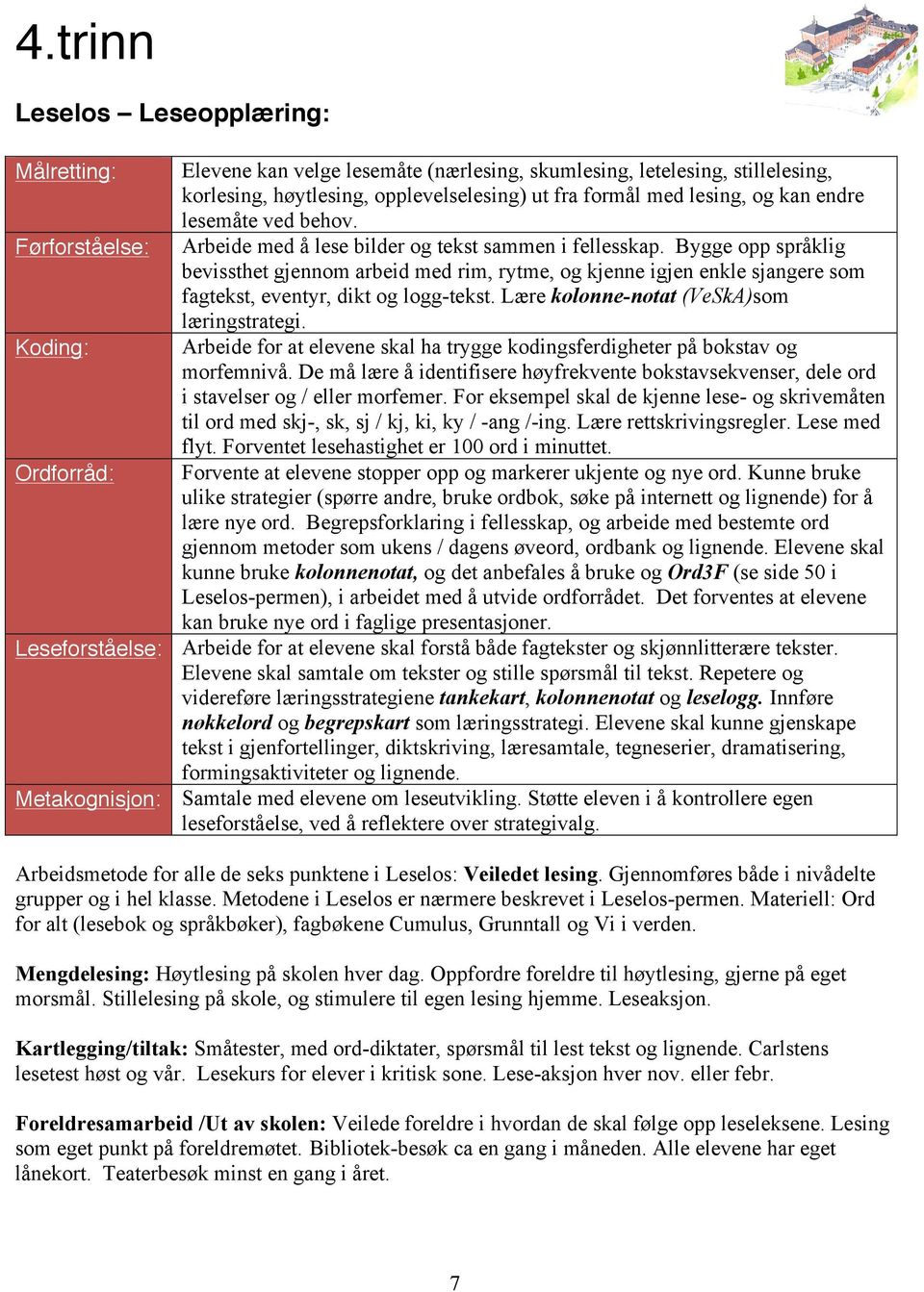 Bygge opp språklig bevissthet gjennom arbeid med rim, rytme, og kjenne igjen enkle sjangere som fagtekst, eventyr, dikt og logg-tekst. Lære kolonne-notat (VeSkA)som læringstrategi.