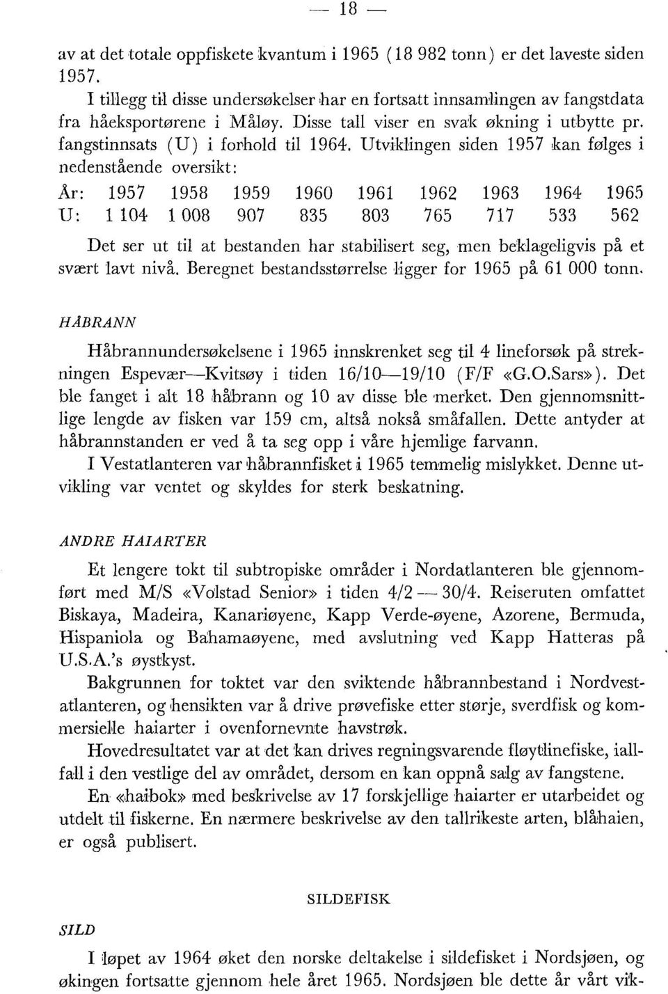 Utviklingen siden 1957 kan følges i nedenstående oversikt : År: 1957 1958 1959 1960 1961 1962 1963 1964 1965 U: Il04 1008 907 835 803 765 717 533 562 Det ser ut til at bestanden har stabillisert seg,