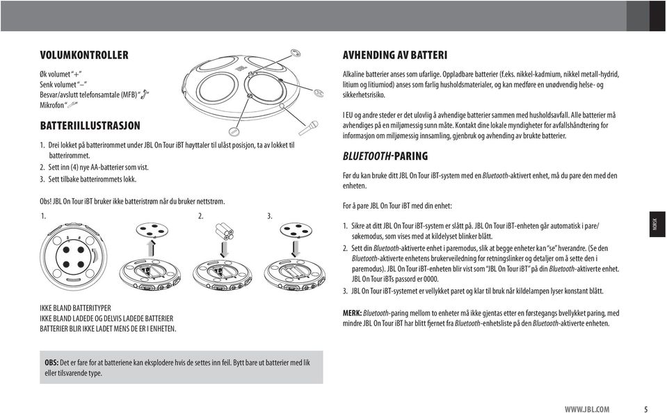 JBL On Tour ibt bruker ikke batteristrøm når du bruker nettstrøm. 1. 2. 3. AVHENDING AV BATTERI Alkaline batterier anses som ufarlige. Oppladbare batterier (f.eks.