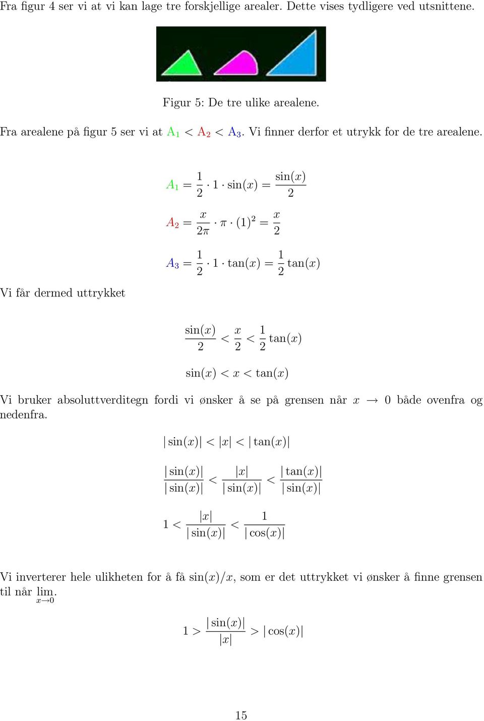 Vi får dermed uttrykket A 1 = 1 2 1 sin(x) = sin(x) 2 A 2 = x 2π π (1)2 = x 2 A 3 = 1 2 1 tan(x) = 1 2 tan(x) sin(x) 2 < x 2 < 1 2 tan(x) sin(x) < x < tan(x) Vi bruker