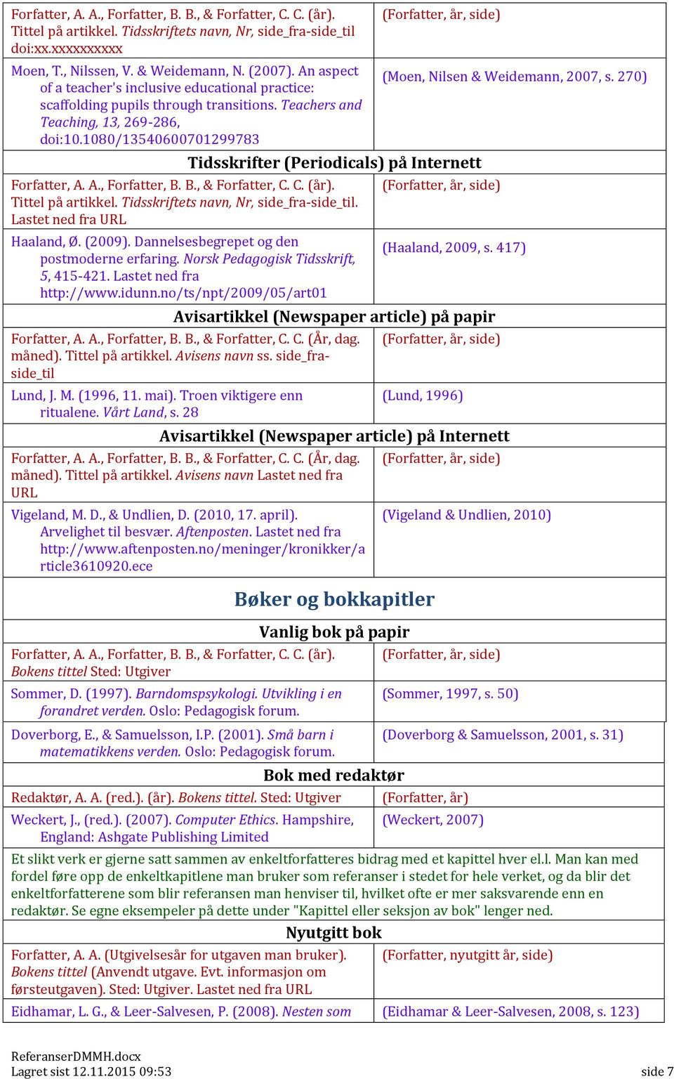 1080/13540600701299783 Tidsskrifter (Periodicals) på Internett Forfatter, A. A., Forfatter, B. B., & Forfatter, C. C. (år). (Forfatter, år, side) Tittel på artikkel.