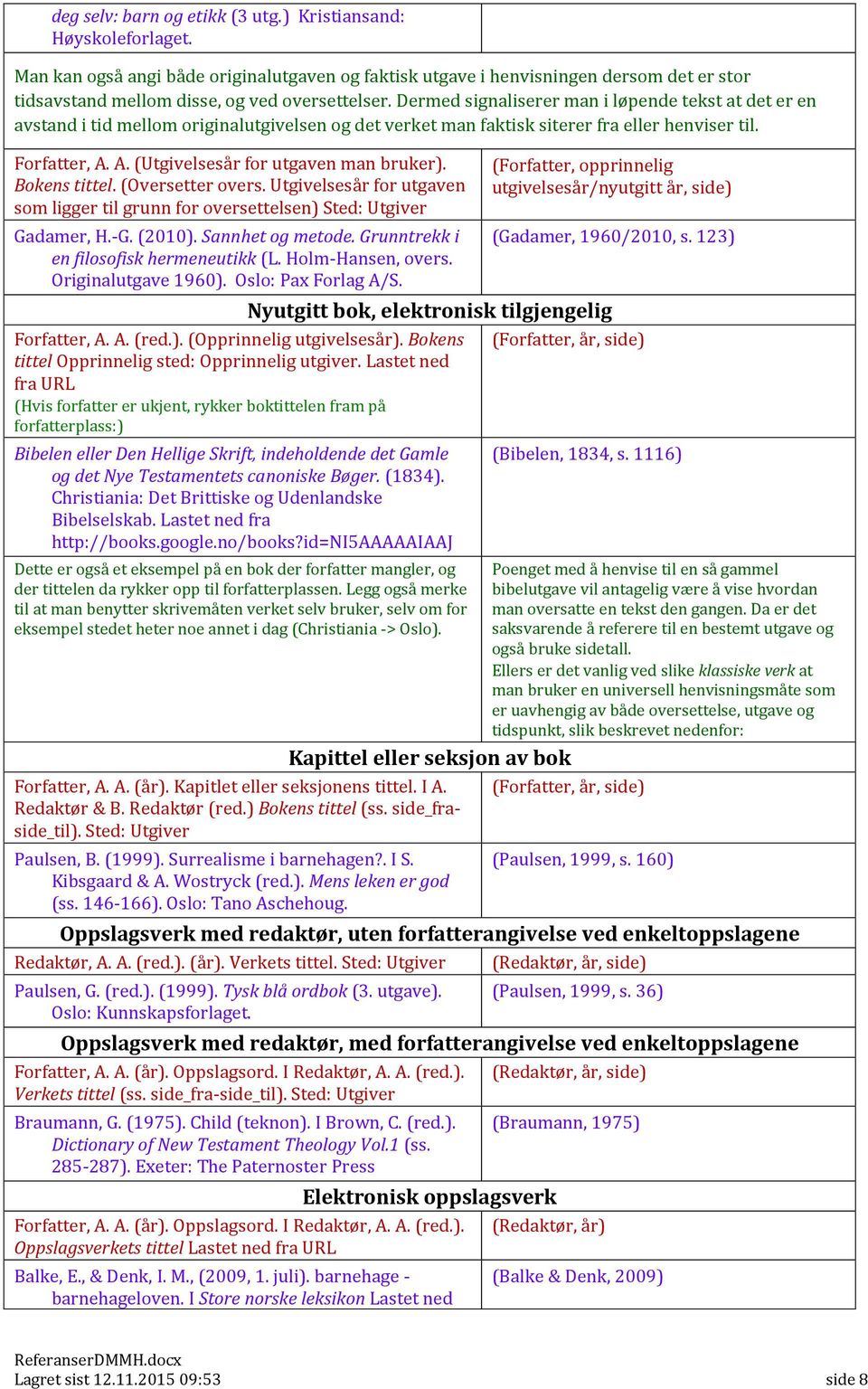 Dermed signaliserer man i løpende tekst at det er en avstand i tid mellom originalutgivelsen og det verket man faktisk siterer fra eller henviser til. Forfatter, A.