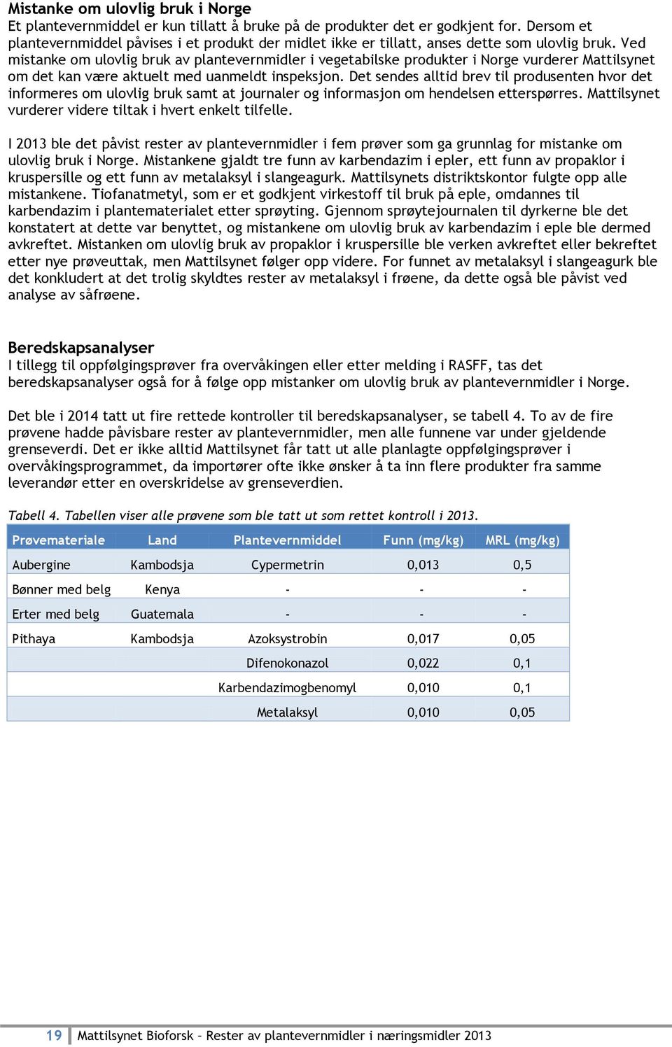 Ved mistanke om ulovlig bruk av plantevernmidler i vegetabilske produkter i Norge vurderer Mattilsynet om det kan være aktuelt med uanmeldt inspeksjon.