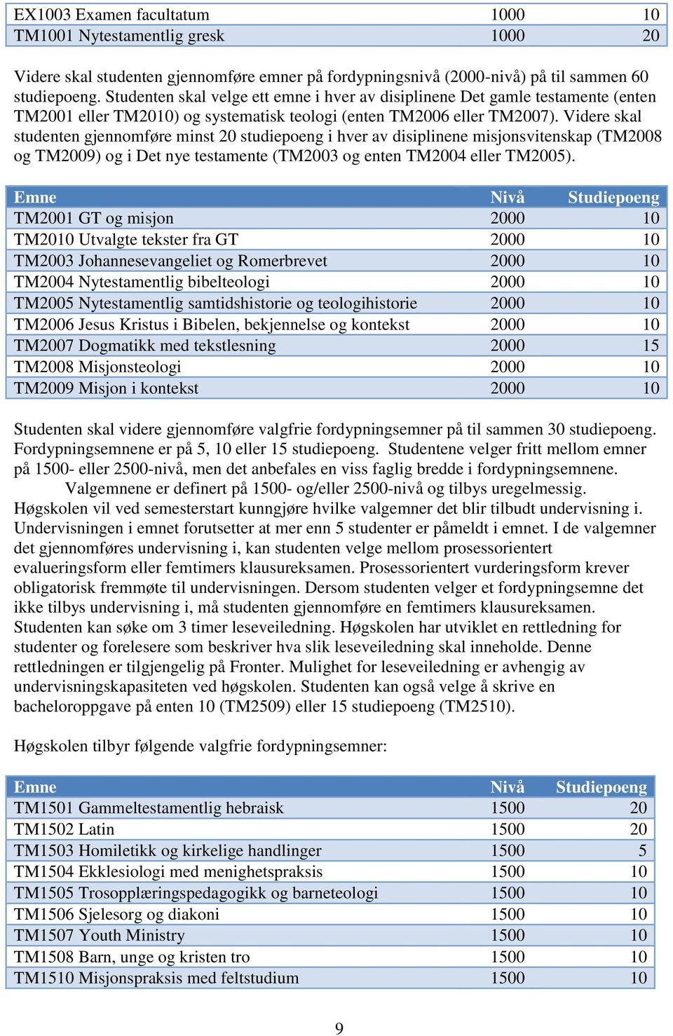 Videre skal studenten gjennomføre minst 20 studiepoeng i hver av disiplinene misjonsvitenskap (TM2008 og TM2009) og i Det nye testamente (TM2003 og enten TM2004 eller TM2005).