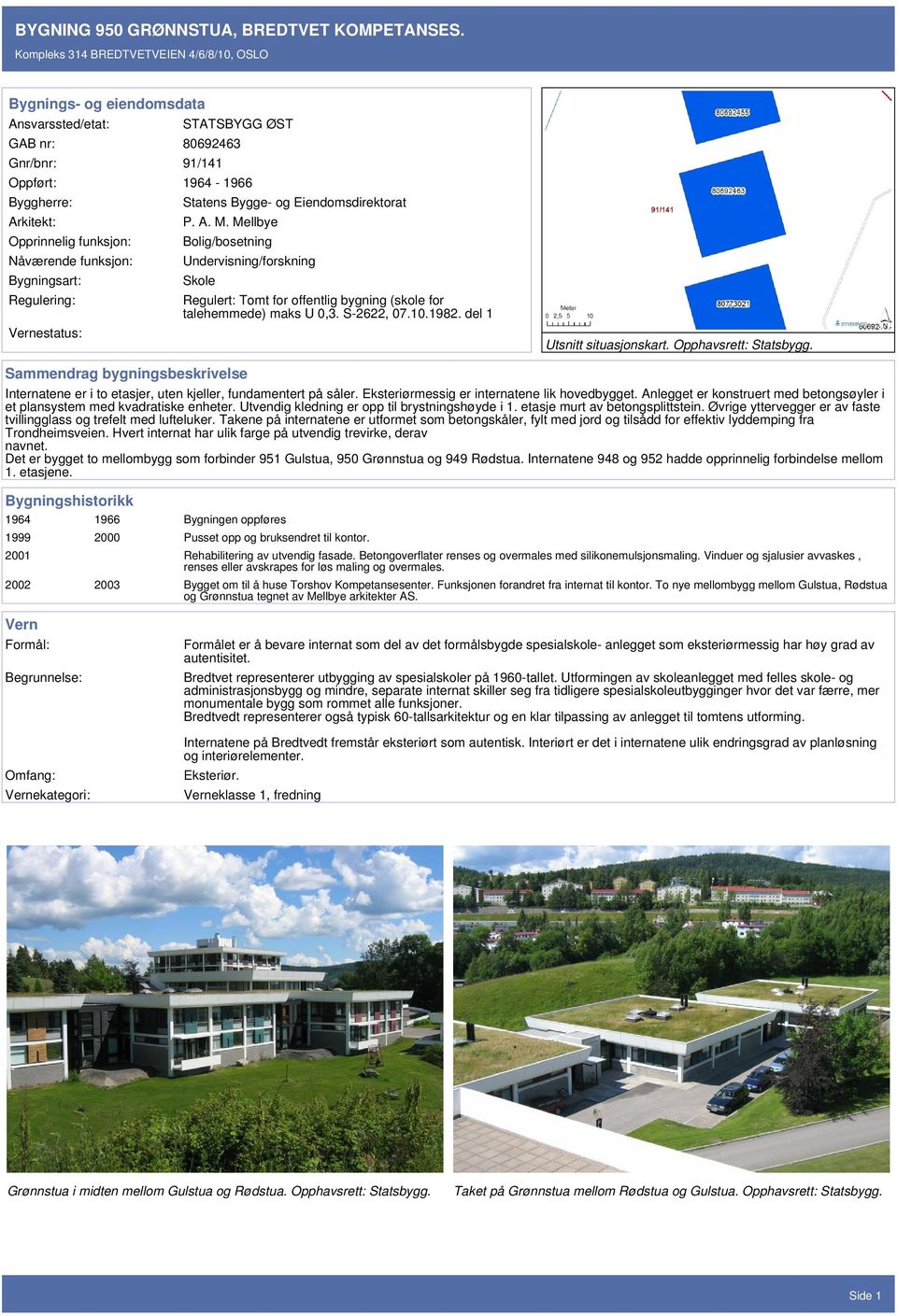 Bygge- og Eiendomsdirektorat P. A. M. Mellbye Bolig/bosetning Undervisning/forskning Skole Regulert: Tomt for offentlig bygning (skole for talehemmede) maks U 0,3. S-2622, 07.10.1982.