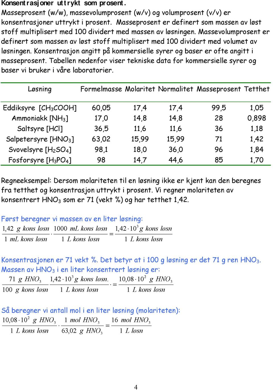 Massevolumprosent er definert som massen av løst stoff multiplisert med 100 dividert med volumet av løsningen. Konsentrasjon angitt på kommersielle syrer og baser er ofte angitt i masseprosent.