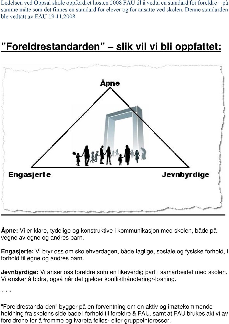 Foreldrestandarden slik vil vi bli oppfattet: Åpne: Vi er klare, tydelige og konstruktive i kommunikasjon med skolen, både på vegne av egne og andres barn.