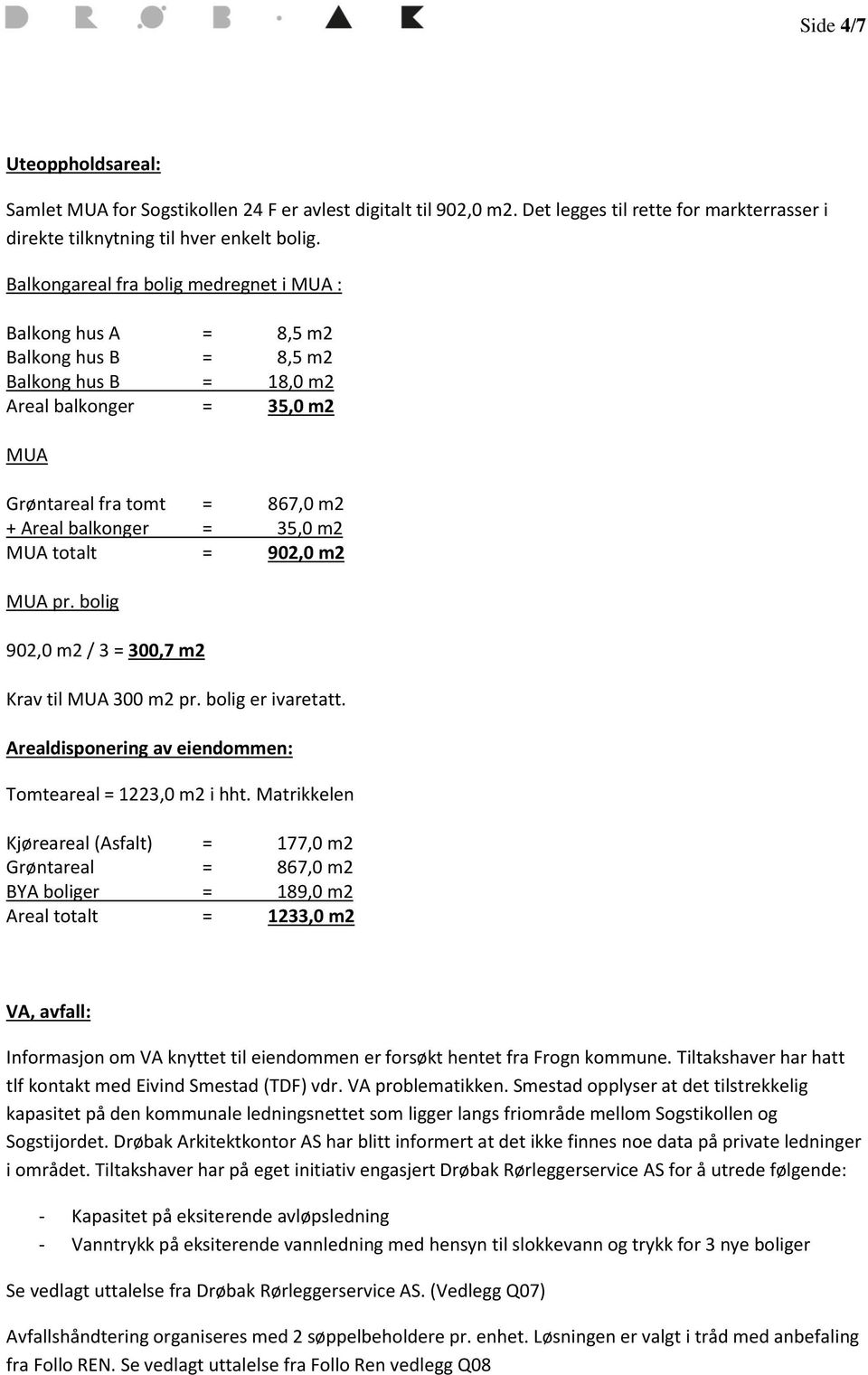 MUA totalt = 902,0 m2 MUA pr. bolig 902,0 m2 / 3 = 300,7 m2 Krav til MUA 300 m2 pr. bolig er ivaretatt. Arealdisponering av eiendommen: Tomteareal = 1223,0 m2 i hht.