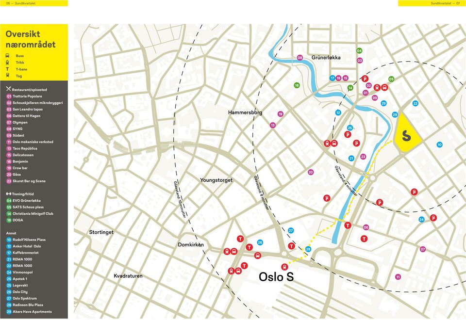 bar 20 Gåsa 23 Skuret Bar og Scene Youngstorget 20 Gåavstand: 4 minutter Gåavstand: 8 minutter Gåavstand: 10 minutter Trening/fritid 04 EVO Grünerløkka 05 SATS Schous plass 14 Christiania Minigolf