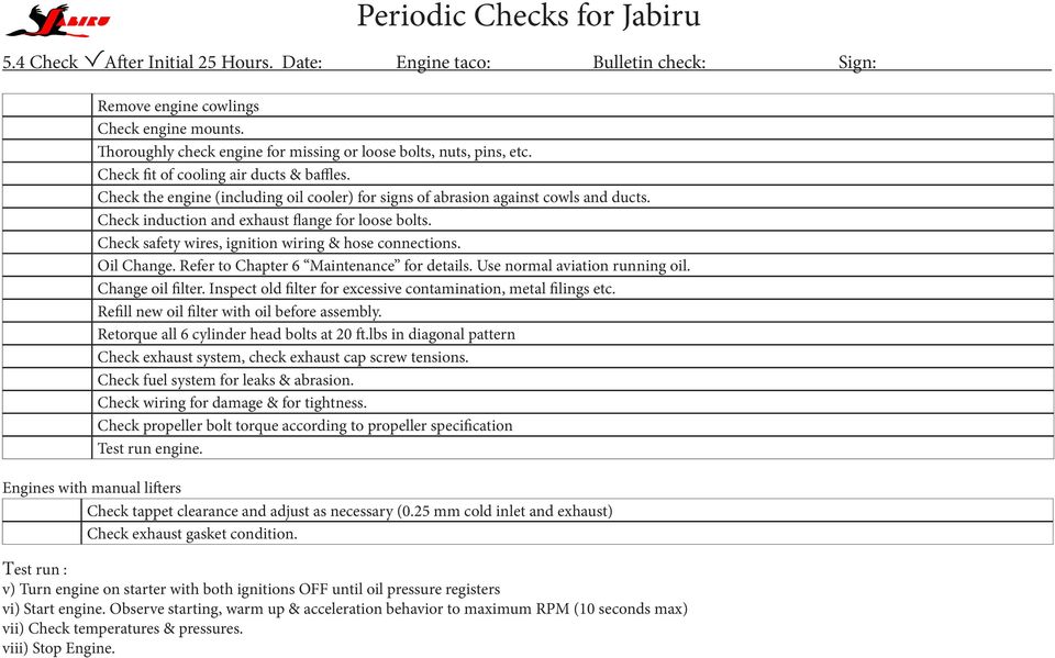 Check induction and exhaust flange for loose bolts. Check safety wires, ignition wiring & hose connections. Oil Change. Refer to Chapter 6 Maintenance for details. Use normal aviation running oil.