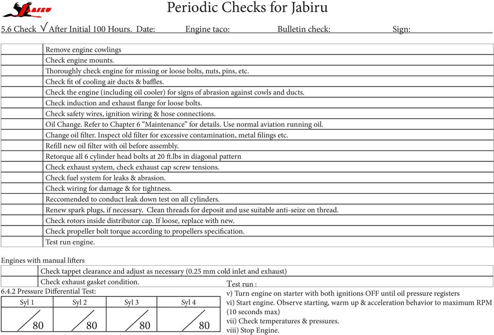 Check induction and exhaust flange for loose bolts. Check safety wires, ignition wiring & hose connections. Oil Change. Refer to Chapter 6 Maintenance for details. Use normal aviation running oil.