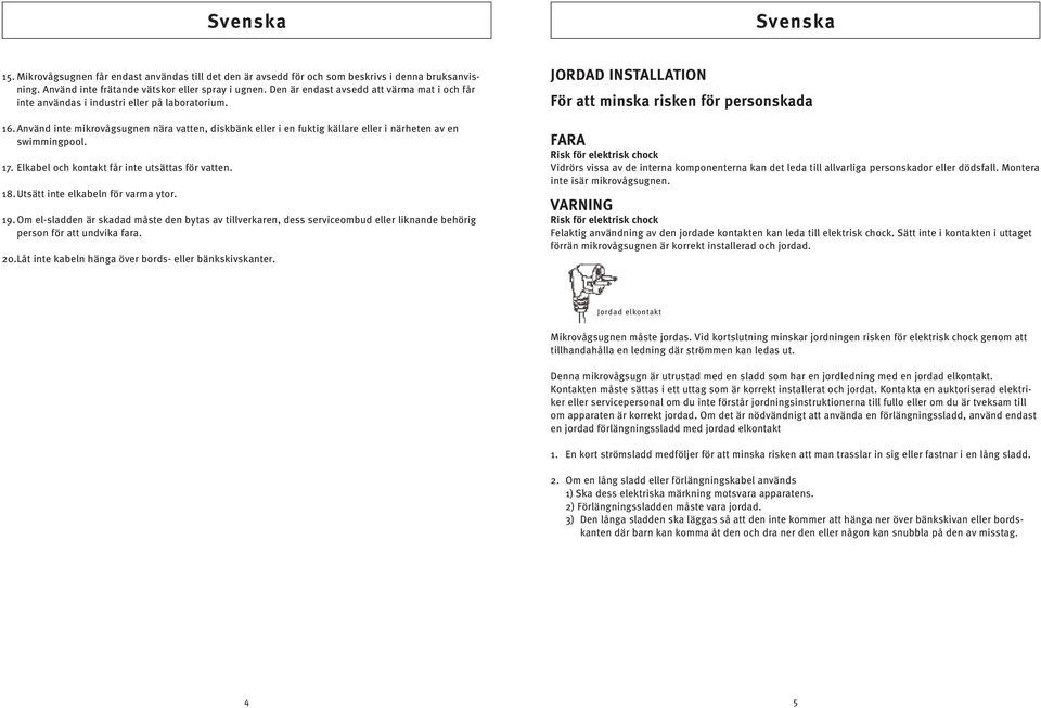 Använd inte mikrovågsugnen nära vatten, diskbänk eller i en fuktig källare eller i närheten av en swimmingpool. 17. Elkabel och kontakt får inte utsättas för vatten. 18.