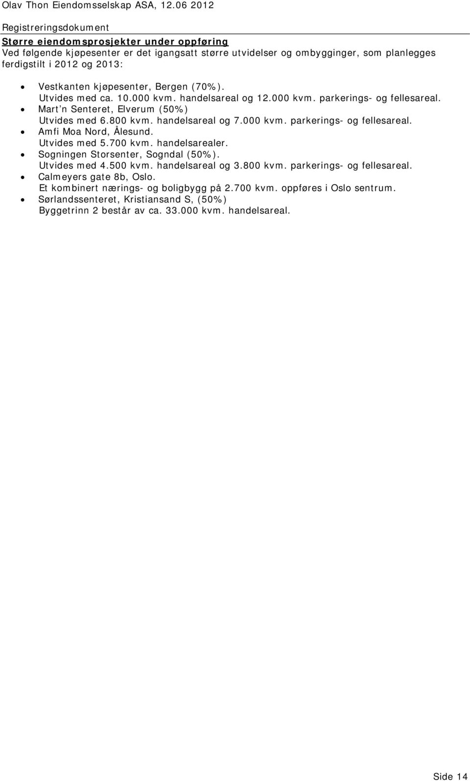 Utvides med 5.700 kvm. handelsarealer. Sogningen Storsenter, Sogndal (50%). Utvides med 4.500 kvm. handelsareal og 3.800 kvm. parkerings- og fellesareal. Calmeyers gate 8b, Oslo.