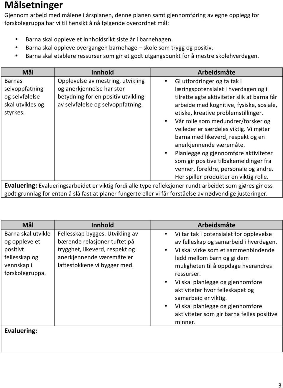 Mål Innhold Arbeidsmåte Opplevelseavmestring,utvikling oganerkjennelseharstor betydningforenpositivutvikling avselvfølelseogselvoppfatning. Barnas selvoppfatning ogselvfølelse skalutviklesog styrkes.