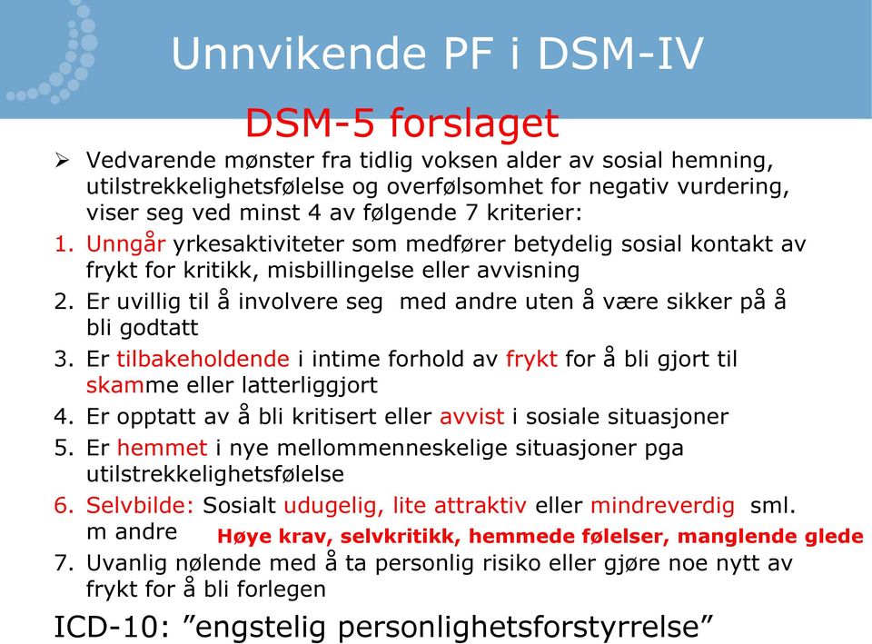 Er uvillig til å involvere seg med andre uten å være sikker på å bli godtatt 3. Er tilbakeholdende i intime forhold av frykt for å bli gjort til skamme eller latterliggjort 4.