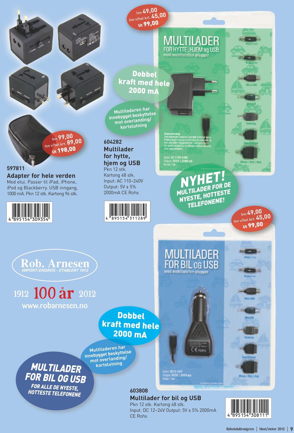 Input: AC 110~240V Output: 5V ± 5% 2000mA CE Rohs NYHET! MULTILADER FOR DE NYESTE, HOTTESTE TELEFONENE! Inn 49,00 Inn v/hel krt. 45,00 Ut 99,00 www.robarnesen.