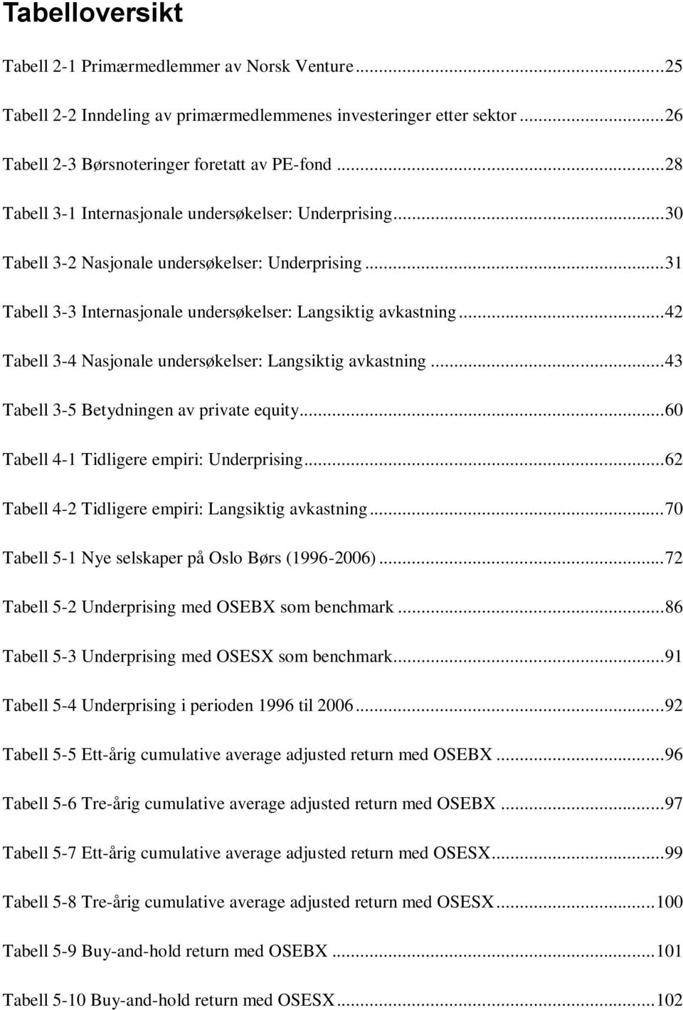 .. 42 Tabell 3-4 Nasjonale undersøkelser: Langsiktig avkastning... 43 Tabell 3-5 Betydningen av private equity... 60 Tabell 4-1 Tidligere empiri: Underprising.