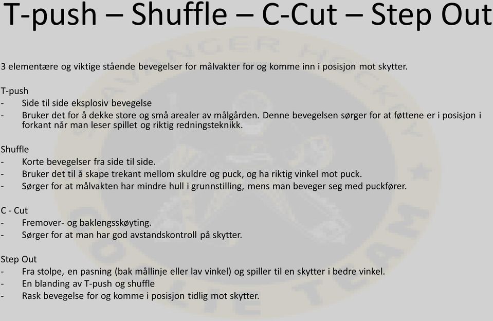 Denne bevegelsen sørger for at føttene er i posisjon i forkant når man leser spillet og riktig redningsteknikk. Shuffle - Korte bevegelser fra side til side.