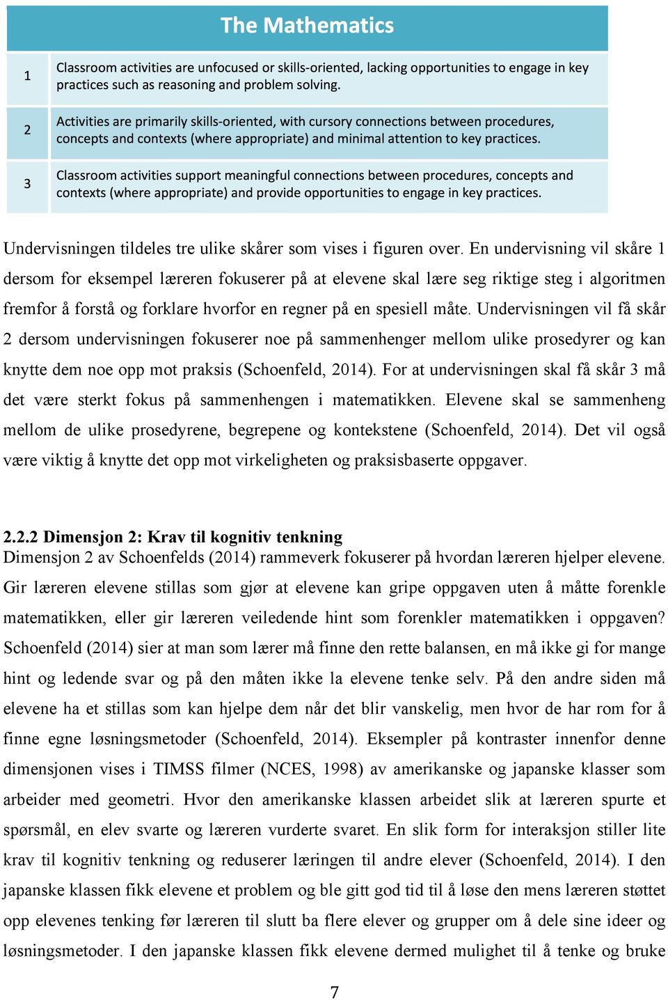 Undervisningen vil få skår 2 dersom undervisningen fokuserer noe på sammenhenger mellom ulike prosedyrer og kan knytte dem noe opp mot praksis (Schoenfeld, 2014).