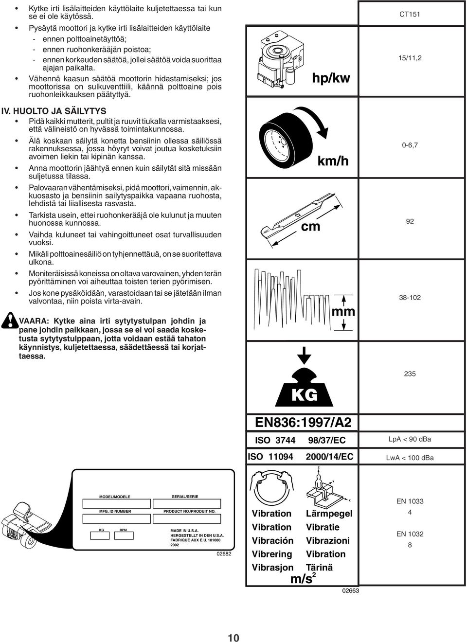 Vähennä kaasun säätöä moottorin hidastamiseksi; jos moottorissa on sulkuventtiili, käännä polttoaine pois ruohonleikkauksen päätyttyä. IV.