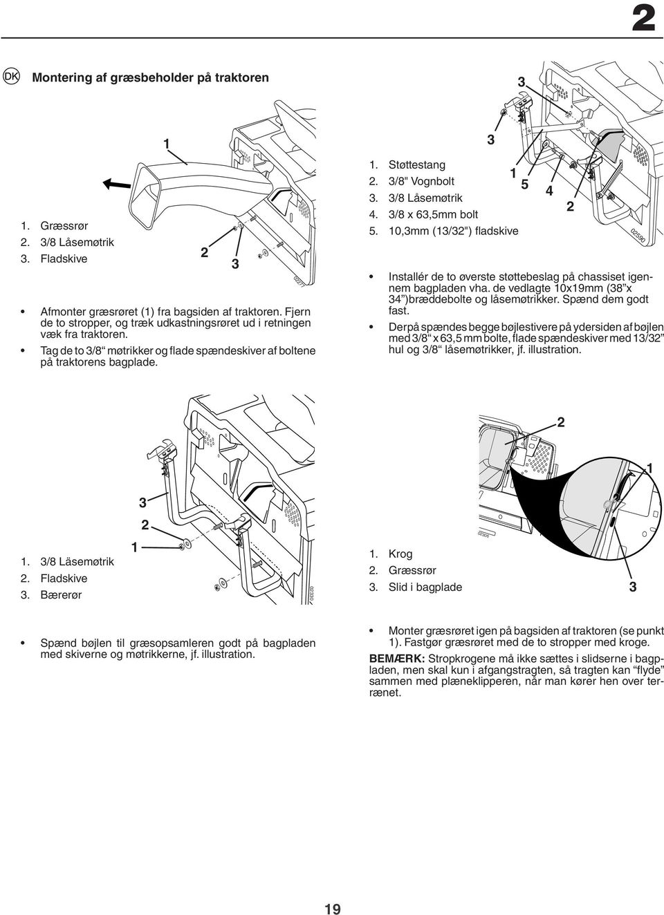 /8 Låsemøtrik 4. /8 x 6,5mm bolt 5. 0,mm (/") fl adskive Installér de to øverste støttebeslag på chassiset igennem bagpladen vha. de vedlagte 0x9mm (8 x 4 )bræddebolte og låsemøtrikker.