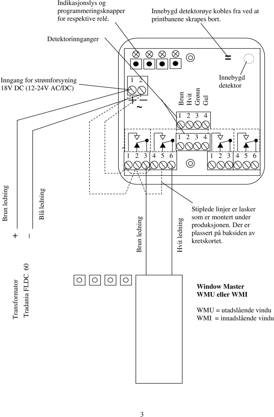 6 1 2 3 4 5 6 Brun ledning Transformator + Tradania FLDC 60 _ Blå ledning Brun ledning Hvit ledning Stiplede linjer er lasker som er