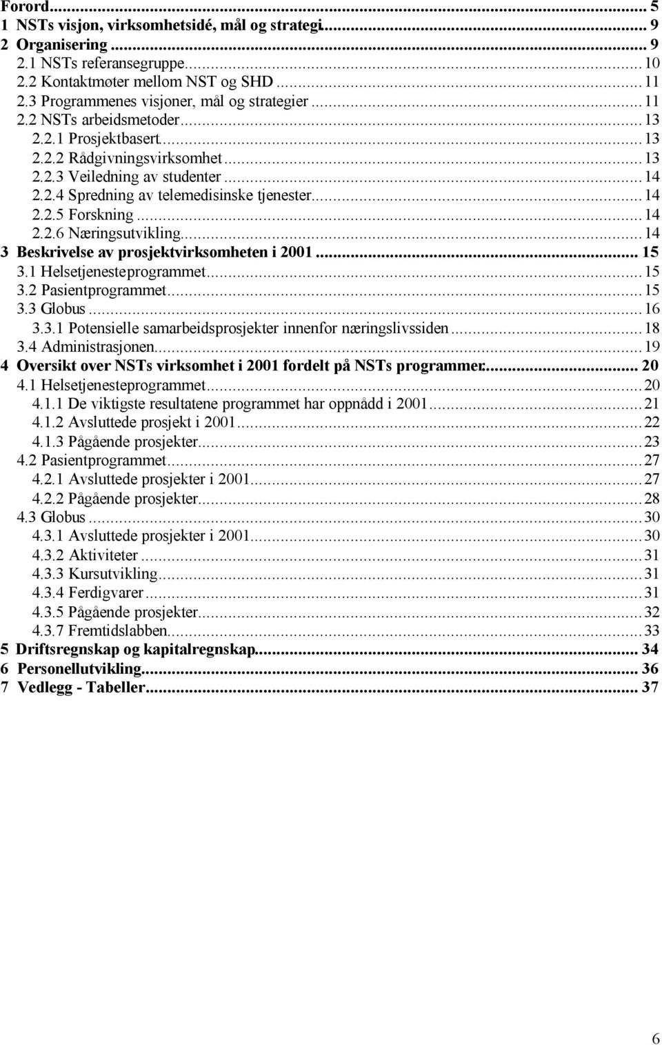 ..14 3 Beskrivelse av prosjektvirksomheten i 2001... 15 3.1 Helsetjenesteprogrammet...15 3.2 Pasientprogrammet...15 3.3 Globus...16 3.3.1 Potensielle samarbeidsprosjekter innenfor næringslivssiden.