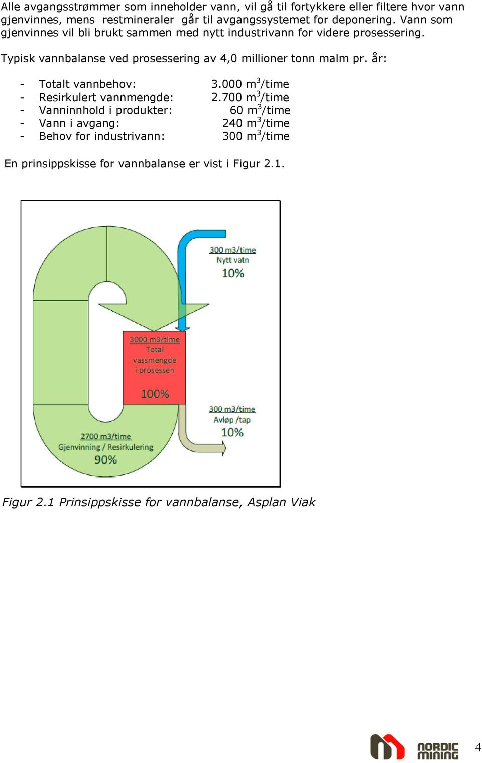 Typisk vannbalanse ved prosessering av 4,0 millioner tonn malm pr. år: - Totalt vannbehov: 3.000 m 3 /time - Resirkulert vannmengde: 2.