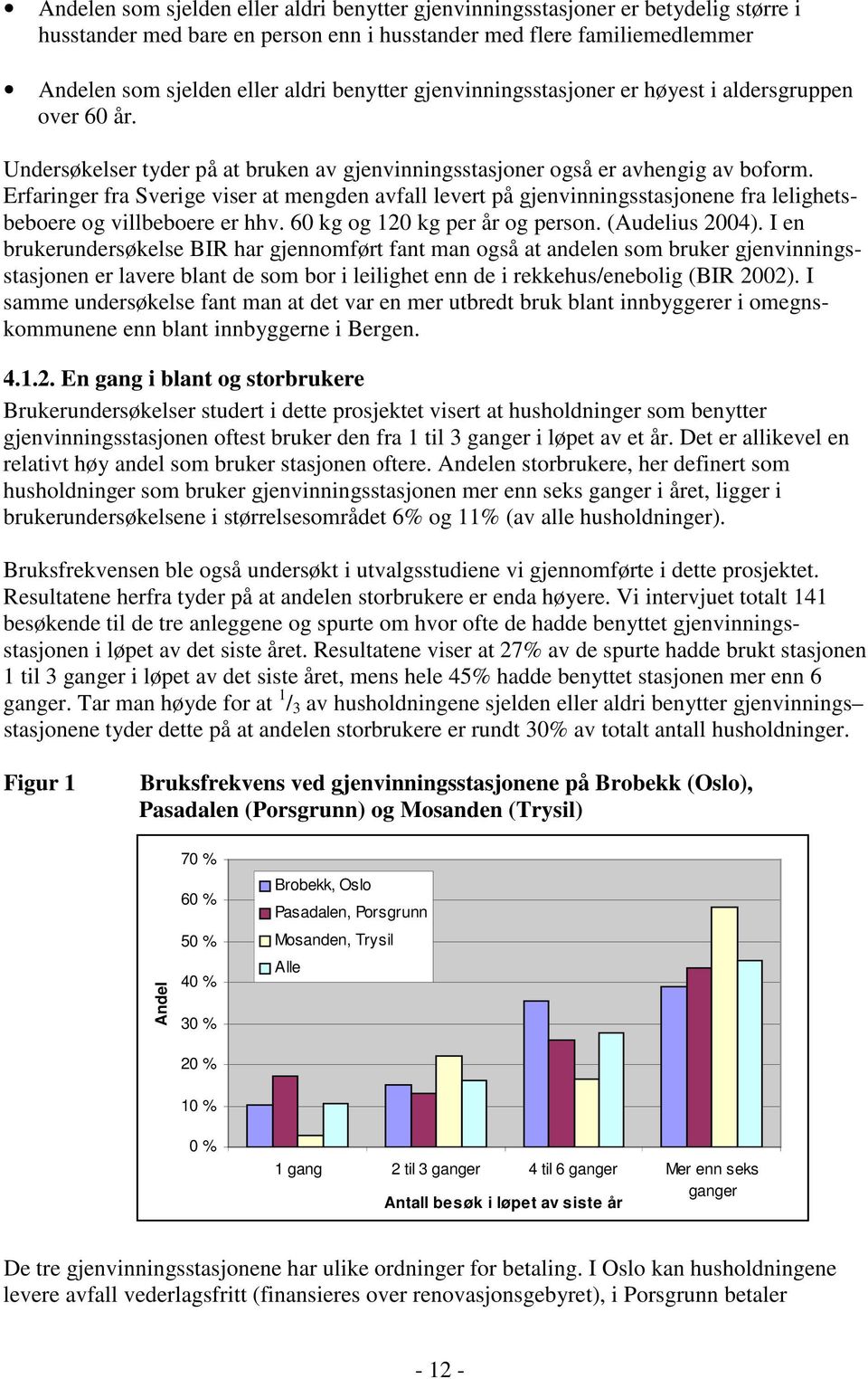 Erfaringer fra Sverige viser at mengden avfall levert på gjenvinningsstasjonene fra lelighetsbeboere og villbeboere er hhv. 60 kg og 120 kg per år og person. (Audelius 2004).