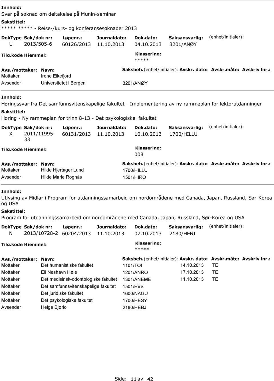 8-13 - Det psykologiske fakultet Sak/dok nr: 2011/11995-33 Løpenr.: 60131/2013 1700/HLL 008 Avs./mottaker: Navn: Saksbeh. Avskr. dato: Avskr.måte: Avskriv lnr.