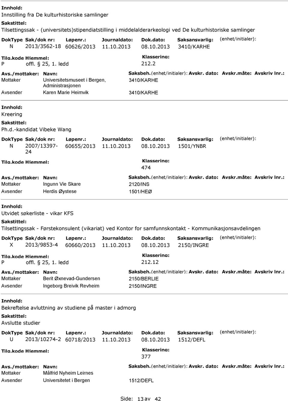 : Mottaker niversitetsmuseet i Bergen, 3410/KARHE Administrasjonen Karen Marie Heimvik 3410/KARHE Kreering Ph.d.-kandidat Vibeke Wang N Sak/dok nr: 2007/13397-24 Løpenr.: 60655/2013 08.10.2013 1501/YNBR 474 Avs.