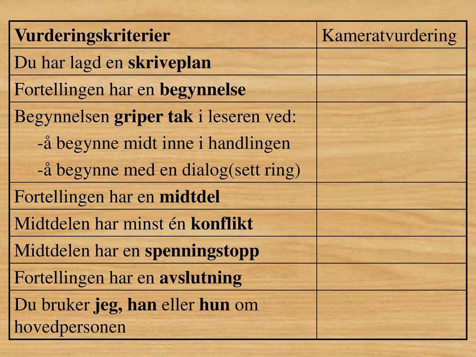 ring) Fortellingen har en midtdel Midtdelen har minst én konflikt Midtdelen har en