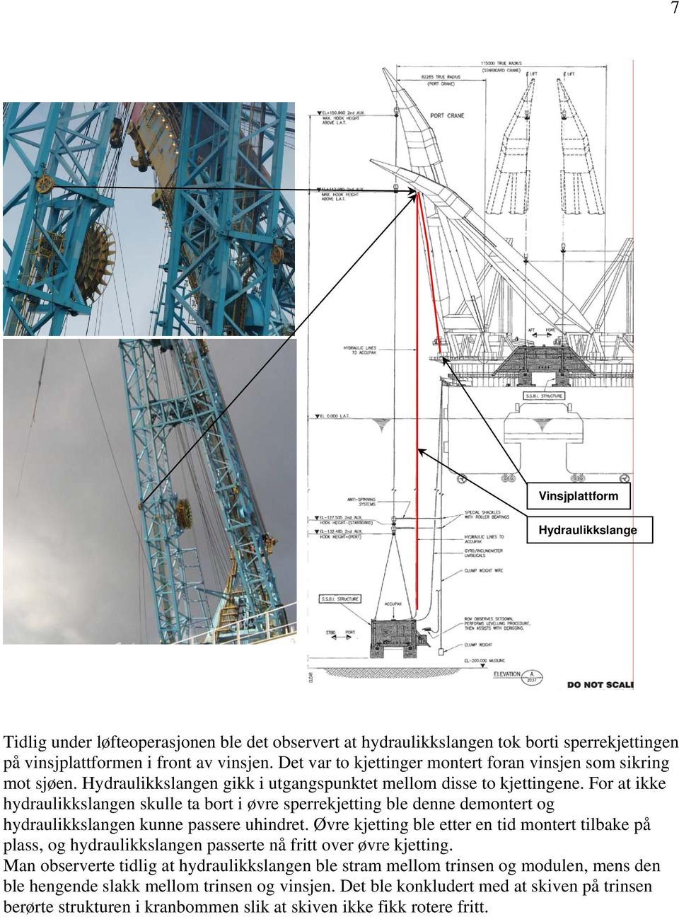 For at ikke hydraulikkslangen skulle ta bort i øvre sperrekjetting ble denne demontert og hydraulikkslangen kunne passere uhindret.