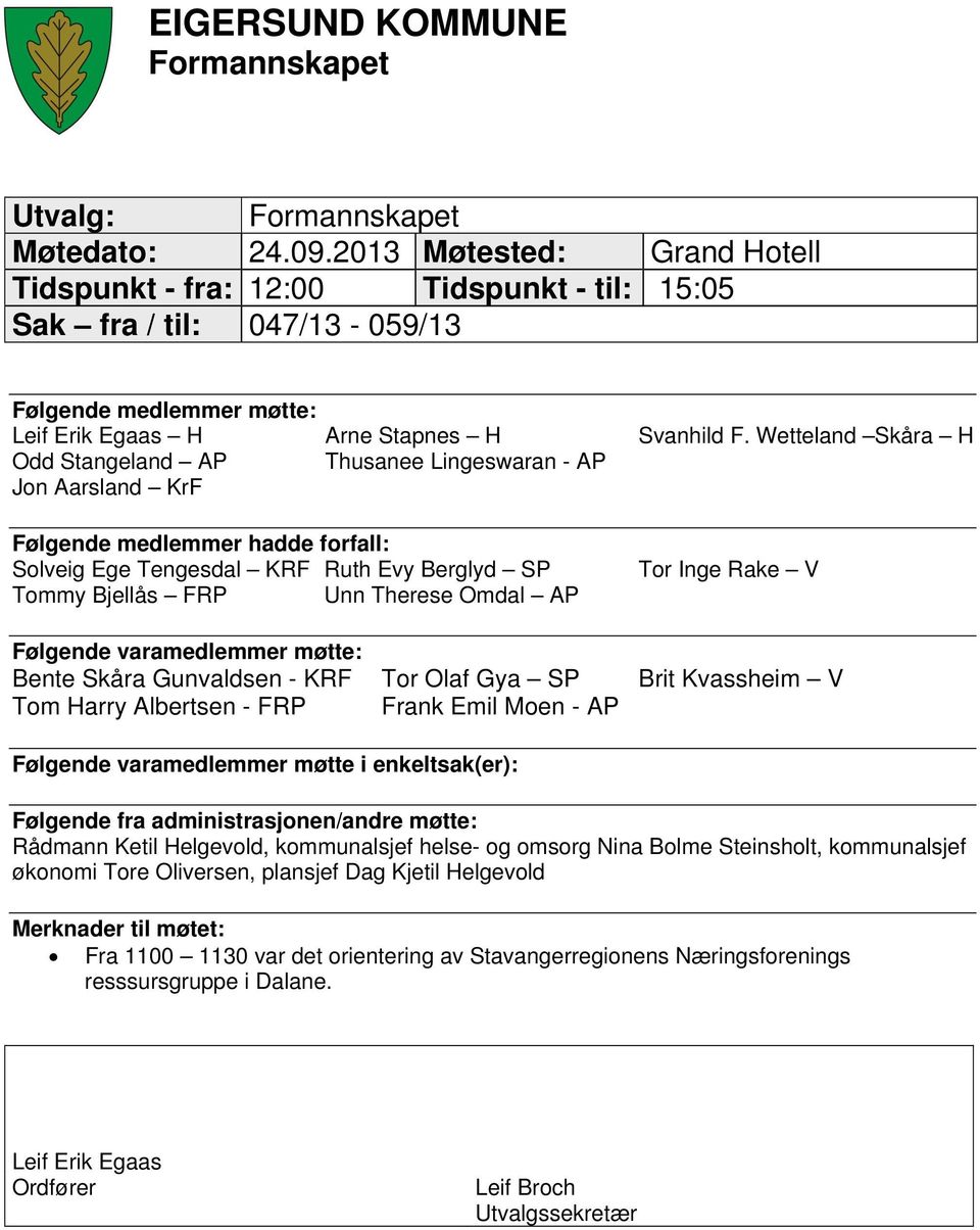 Wetteland Skåra H Odd Stangeland AP Thusanee Lingeswaran - AP Jon Aarsland KrF Følgende medlemmer hadde forfall: Solveig Ege Tengesdal KRF Ruth Evy Berglyd SP Tommy Bjellås FRP Unn Therese Omdal AP