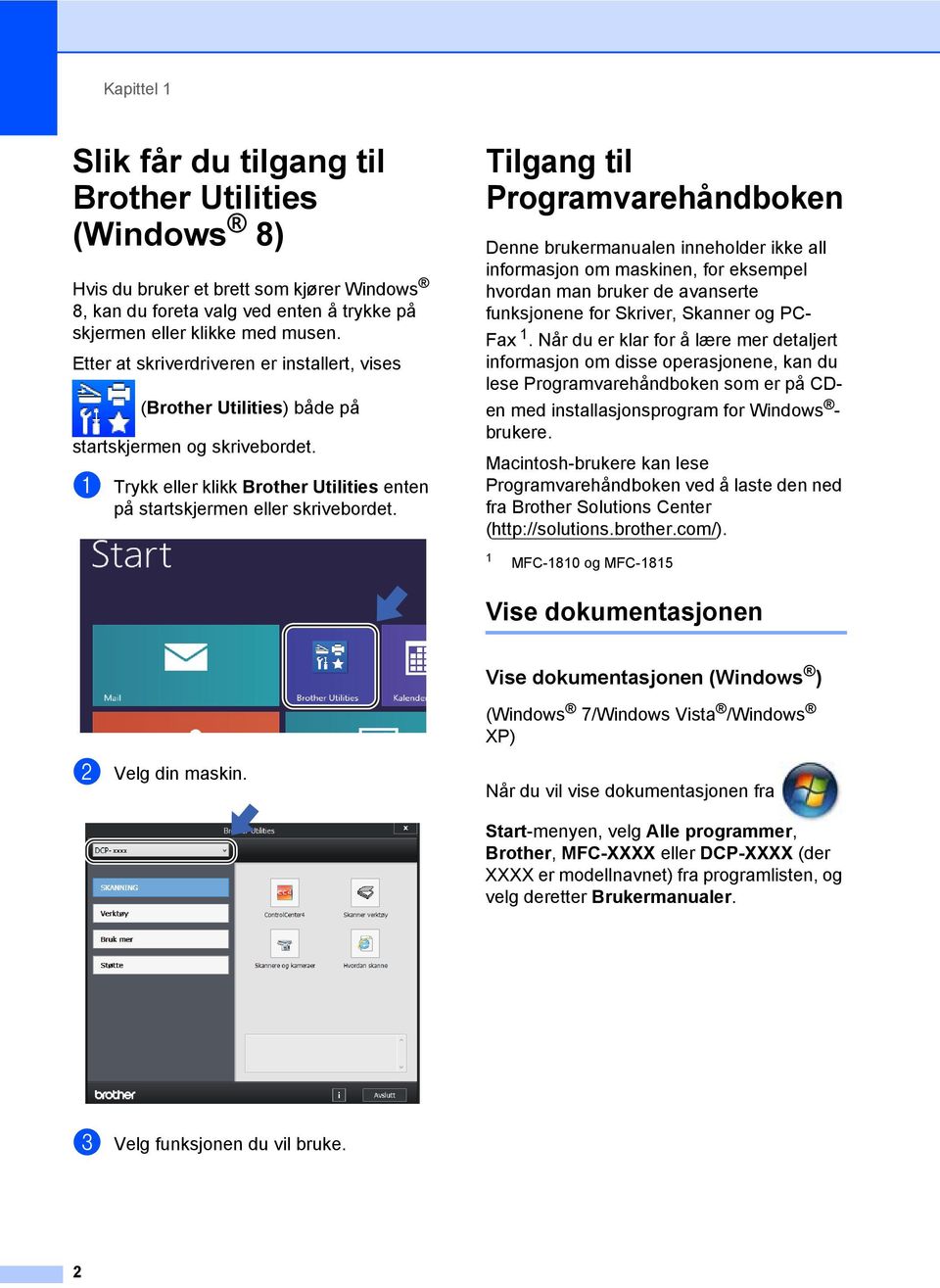 Tilgang til Programvarehåndboken1 Denne brukermanualen inneholder ikke all informasjon om maskinen, for eksempel hvordan man bruker de avanserte funksjonene for Skriver, Skanner og PC- Fax 1.