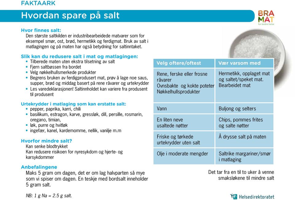 Slik kan du redusere salt i mat og matlagingen: Tilberede maten uten ekstra tilsetning av salt Fjern saltbøssen fra bordet Velg nøkkelhullsmerkede produkter Begrens bruken av ferdigprodusert mat,