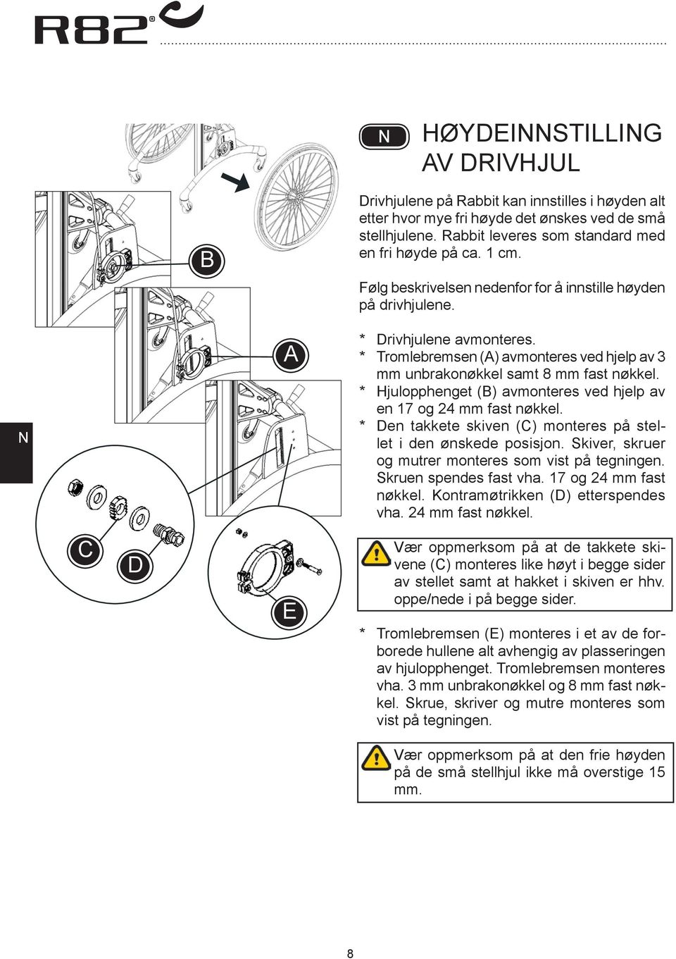 * Hjulopphenget () avmonteres ved hjelp av en 17 og 24 mm fast nøkkel. * Den takkete skiven () monteres på stellet i den ønskede posisjon. Skiver, skruer og mutrer monteres som vist på tegningen.