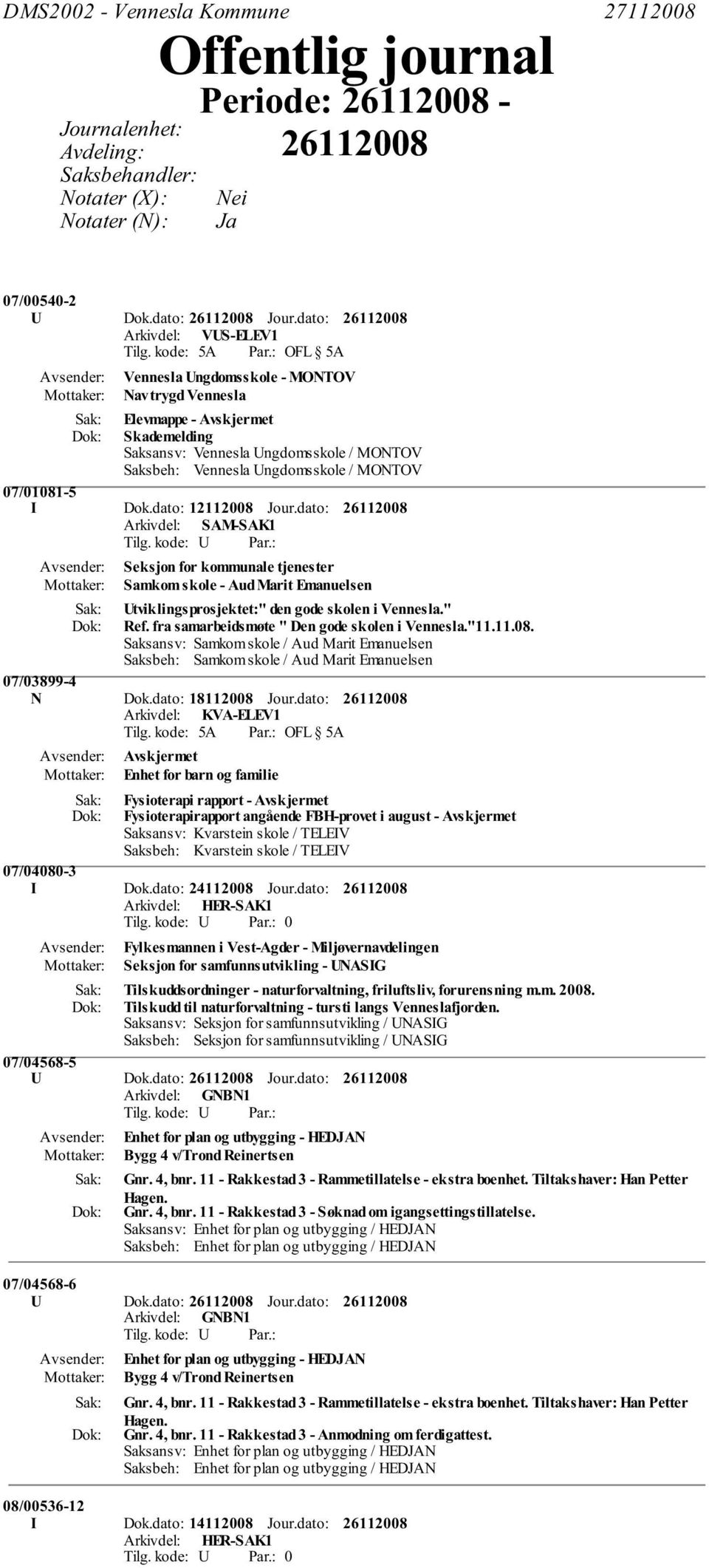 dato: 12112008 Jour.dato: Arkivdel: SAM-SAK1 Seksjon for kommunale tjenester Samkom skole - Aud Marit Emanuelsen Utviklingsprosjektet:" den gode skolen i Vennesla." Ref.