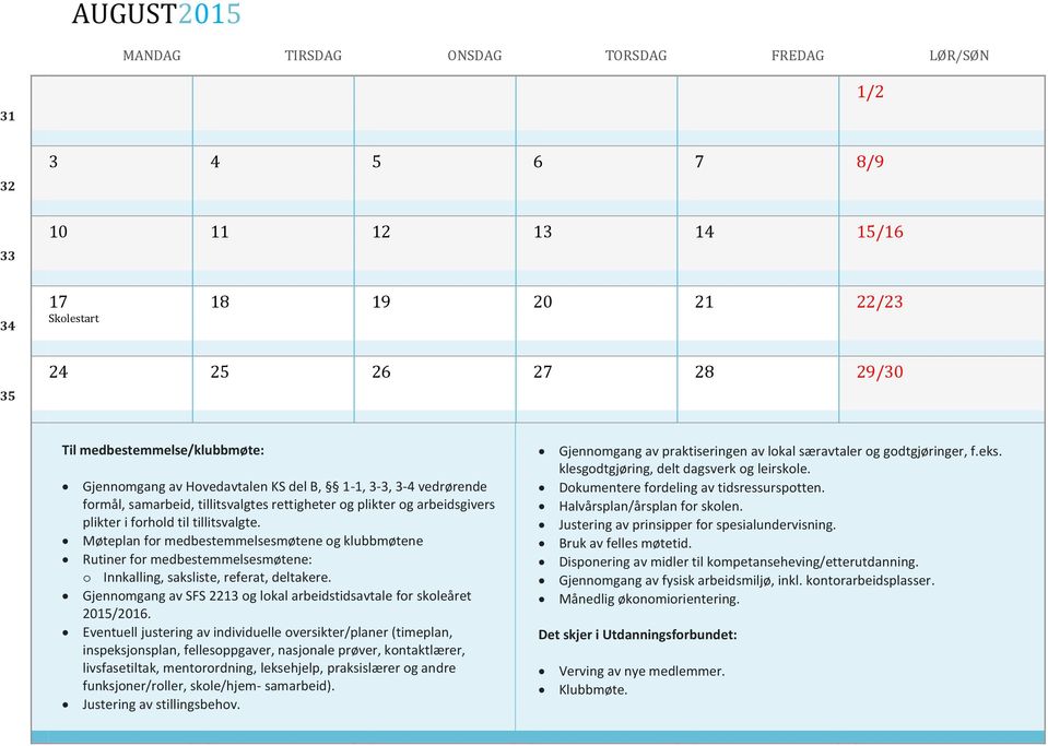 Møteplan for medbestemmelsesmøtene og klubbmøtene Rutiner for medbestemmelsesmøtene: o Innkalling, saksliste, referat, deltakere.