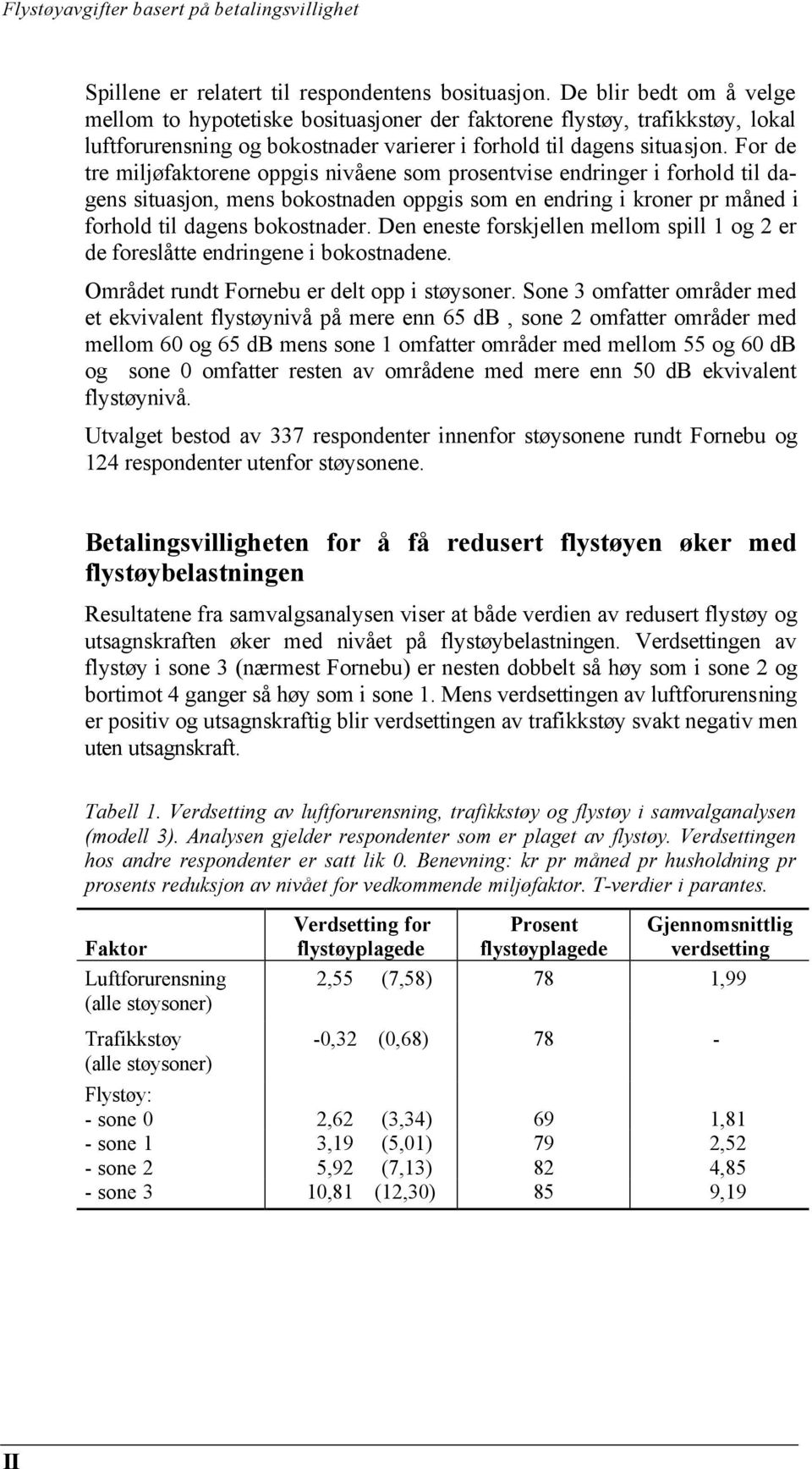 For de tre miljøfaktorene oppgis nivåene som prosentvise endringer i forhold til dagens situasjon, mens bokostnaden oppgis som en endring i kroner pr måned i forhold til dagens bokostnader.