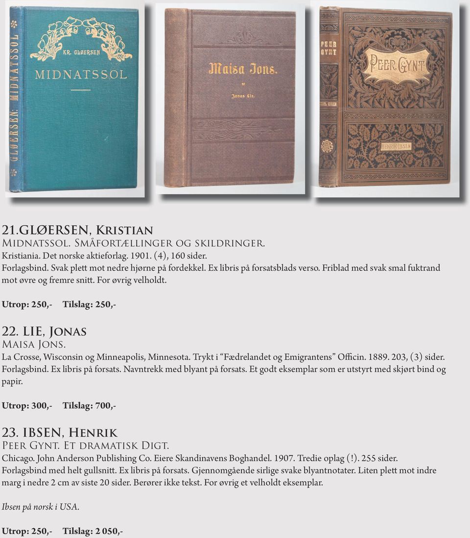 La Crosse, Wisconsin og Minneapolis, Minnesota. Trykt i Fædrelandet og Emigrantens Officin. 1889. 203, (3) sider. Forlagsbind. Ex libris på forsats. Navntrekk med blyant på forsats.