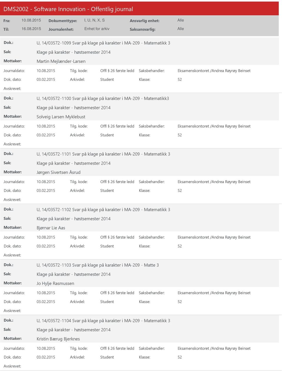 2015 Student, 14/03572-1101 Svar på klage på karakter i MA-209 - Matematikk 3 Jørgen Sivertsen Åsrud 03.02.